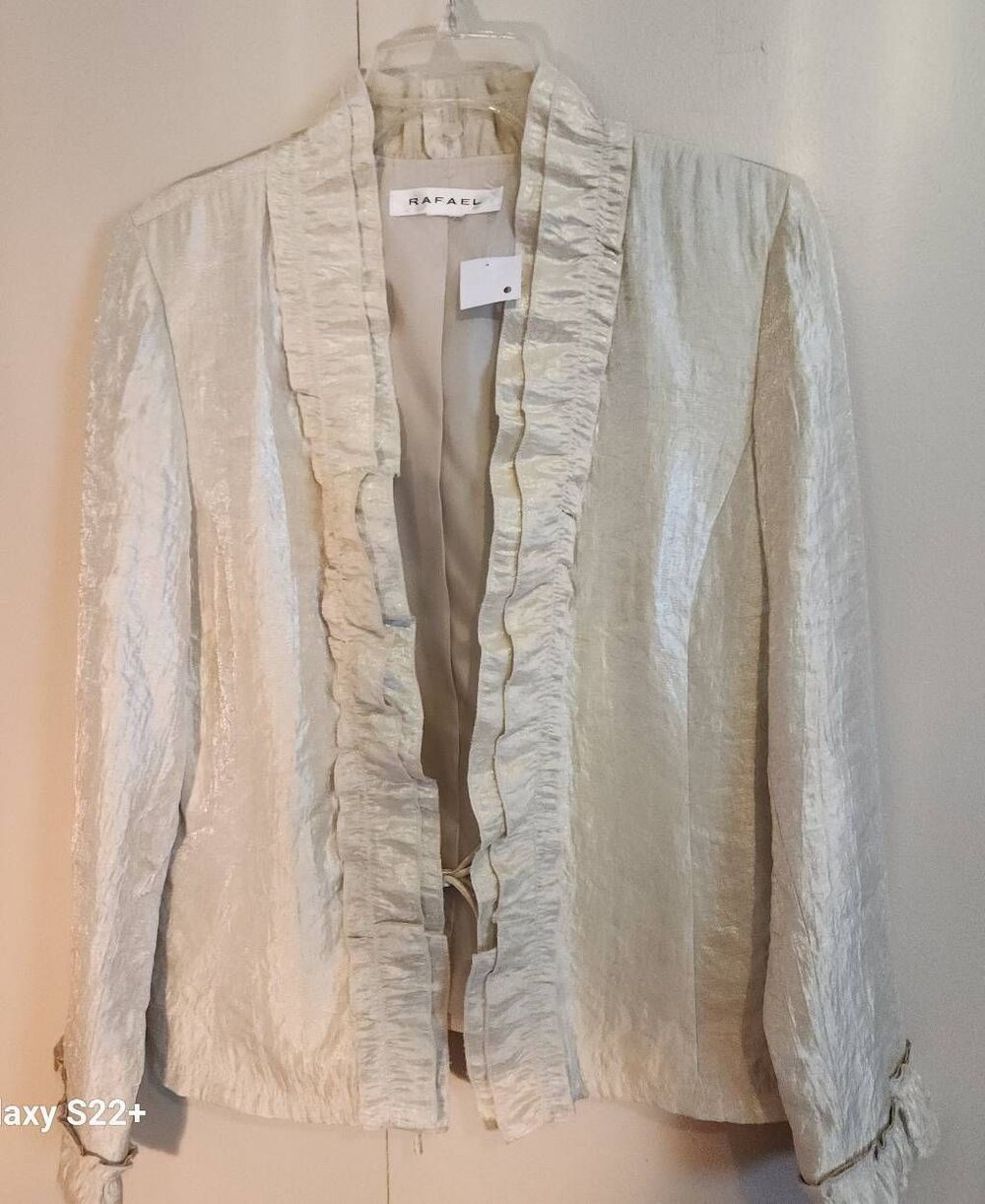 J28 RAFAEL Cream Textured Ruffle-Trim Open Front Jacket w elegant sheen fabric
